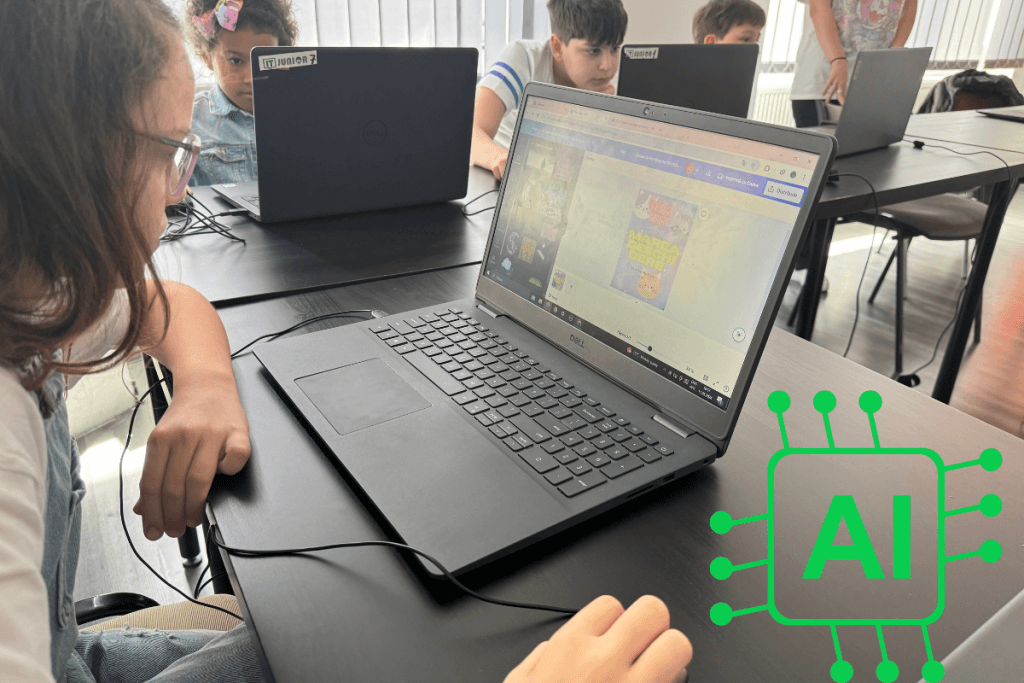 Copil învățând programare cu ajutorul inteligenței artificiale la un curs ITJunior