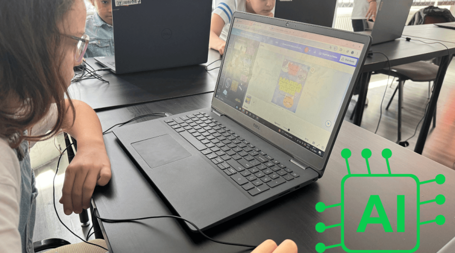 Copil învățând programare cu ajutorul inteligenței artificiale la un curs ITJunior